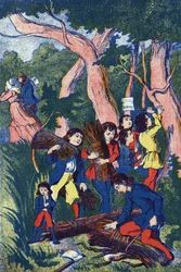 Dřevorubci opouštějí své děti, Ilustrace k „“Le Pepetit poucet“, příběh Charlese Perraulta (1628-1703), francouzského spisovatele. Anonymní ilustrace. Snímky Marcel Vagne, Jarville Nancy, nedatováno (konec 19. století).