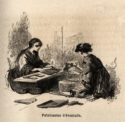 Výroba eventtailů. Rytina k ilustraci plavby do Japonska v letech 1863-1864 od Aime Humberta, ministra Švýcarské konfederace, v „Le tour du monde, nouveau journal des voyages“, vydaném pod vedením Edouarda Chartona