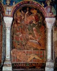 Umučení svatého Laurenta (210/220-258) zemřelo na grilu, fresce města Berze. 11. století. Kaple Moines, Berze la Ville