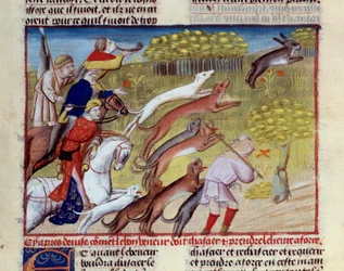 Miniaturní hon na zajíce z knihy „Kniha lovu“ od Gastona III. Phoeba, hraběte z Foix, lorda z Bearnu (1331–1391)