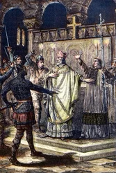 Vražda svatého Tomáše Becketa v canterburské katedrále 29. prosince 1170 rytíři z dvora krále Jindřicha II. - dřevoryt