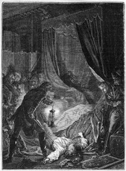 Vražda ruského cara Pavla I., březen 1801 - Ilustrace 1882-1884 - Atentát na Pavla I. Petroviče (1754-1801), ruského cara, v jeho pokoji v Michajlovském paláci poté, co byl donucen podepsat abdikaci - Ilustrace 1882-1884