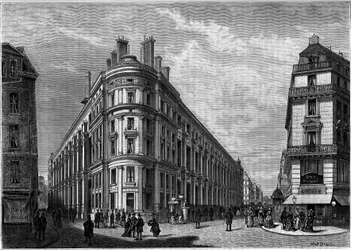 Nový Hotel des Postes na Rue du Louvre v Paříži po rekonstrukci. Rytina do deníku ""Mládí""