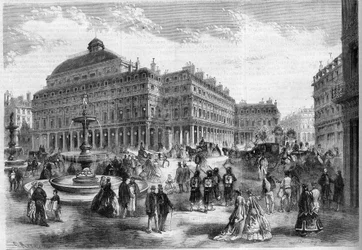 Nové místo francouzského divadla (Comedie Francaise) s fontánami promítanými v Palais Royal (Palais Royal) v Paříži. Gravírování v "" L