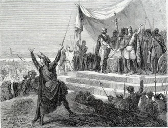 Přísaha dvou bratrů před jejich brněním: Karel II. Plešatý a Ludvík II. Germánský skládají přísahu proti Lothaireovi I. (Přísahy Štrasburku 842). Rytina 19. století.