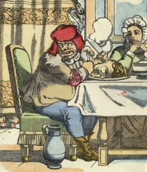 Zlobr u stolu cítí přítomnost malého Pouceta a jeho bratrů. Ilustrace pohádky „Le Pepetit Poucet““ od Charlese Perraulta