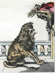 Ogr se stane lvem na žádost Boot Cat. Ilustrace příběhu „The cat botte“ od Charlese Perraulta