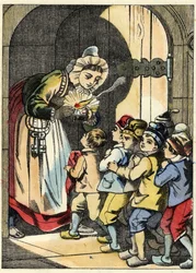 Zlobrova žena otevře dveře Malému Poucetovi a jeho bratrům. Ilustrace pohádky „Le Pepetit Poucet““ od Charlese Perraulta