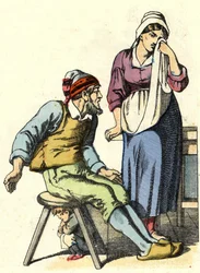 Rodiče Little Poucet se rozhodli opustit své děti v lese. Ilustrace pohádky „Le Pepetit Poucet““ od Charlese Perraulta