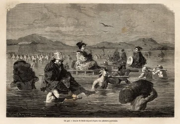 Průjezd gue s představením způsobů přepravy cestujících a zavazadel. Rytina pro ilustraci plavby do Japonska v letech 1863-1864 od Aime Humberta, ministra Švýcarské konfederace, v „“Le tour du monde, nouveau journal des voyages““