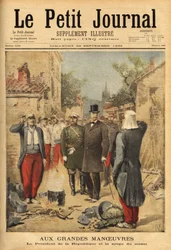 Prezident republiky Felix Faure (1841-1899) při velkých manévrech a tradici pro všechny návštěvníky navštíví vojáky v Langres, ochutná polévku vojáka. Rytina v „“ Le petit journal“ 22/09/1895. Selva sbírka.