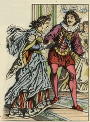 Princ vyzve Popelku k tanci. Ilustrace příběhu Charlese Perraulta „Popelka aneb La petite slipper de verre“