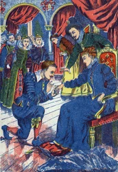 Princ zkouší oslí prsten. Anonymní ilustrace k příběhu „Oslí kůže“ od Charlese Perraulta (1628-1703), francouzského spisovatele. Snímky Marcel Vagne, Jarville Nancy, nedatováno (konec 19. století).