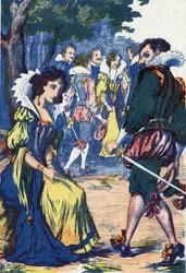 Princeznina pošetilost odvedla dvořany pryč. Anonymní ilustrace k „Riquet à la houppe“, příběh Charlese Perraulta (1628-1703), francouzského spisovatele. Snímky Marcel Vagne, Jarville Nancy, nedatováno (konec 19. století).