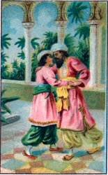 Návrat prince. Příběh „Příběh o začarovaném koni“““ v „“Tisíc a jedna noc“““ (1001 nocí nebo Le mille e una notte, Arabské noci). Chromolitografie konce 19. století.