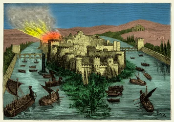 Obléhání Paříže v roce 845 Vikingy v čele s Ragnarem Lodbrokem, rytina, 19. století