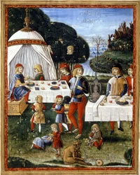 Svačina Maxmiliána Sforzy (1490 - 1530) v parku. Miniatura z rukopisu z 15. století. Milán, Biblioteca Trivulziana.