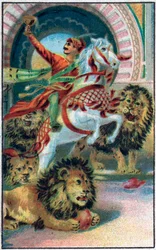 Zdroj lvů. Historie prince Ahmeda a poplatek Paris-Banou (Pari Banou) (Paribanu). Pohádka 1001 nocí (pohádky tisíce a jedné noci). Chromolitografie konce 19. století.