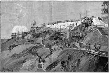 Jih podporuje díla Montmartru v Paříži v roce 1887.
