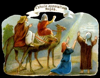 Hvězda zjevující se mudrcům, aby je vedla ke Kristu. Chromolitografie 19. století.