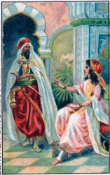 Sultán a princezna. Příběh „Příběh o začarovaném koni““ v „Tisíc a jedna noc“ (1001 nocí nebo Le mille e una notte, Arabské noci). Chromolitografie konce 19. století.