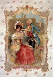 Sladké vyznání Muž dvořící se ženě v 18. století. Litografie Paříže 19. století, dekorativní umění