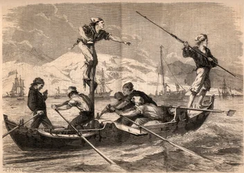 Lov mečouna harpunou (pesce spada, mečoun) na pobřeží Sicílie v Itálii v roce 1862. Rytina v „Le Monde illustrious““ z roku 1862. Soukromá sbírka.