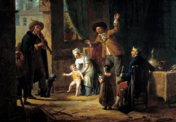 Cestující hudebník Houslista hraje hudbu u dveří rodinného domu. Anonymní malování. 1819 Paříž, dekorativní umění