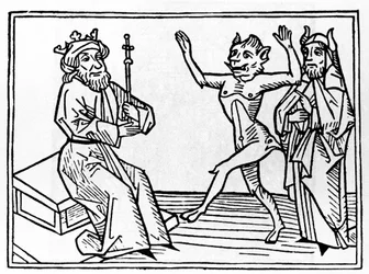 Belialův proces: „Démon Belial tančí před soudcem Šalomounem“. Rytina z díla „Belialův proces“ od Jacobuse de Teramo (nebo Palladina), Augsburg
