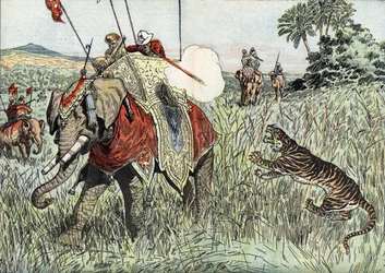 The voyage of the Prince of Wales (then Edward VIII then Duke of Windsor) (1894-1972), to the British Indies, represented here during a tiger hunt" (Princ Edward z Walesu při lovu tygrů v Britské Indii).