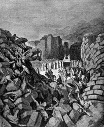 Hradby Jericha se zřítily při zvuku Ozeášových trubek, což Hebrejcům umožnilo město dobýt. Kniha Jozue. Rytina z 19. století.