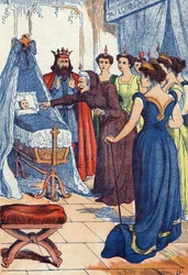 Zlý poplatek předpovídá, že si princezna probodne ruku. Ilustrace k „La belle au bois dormant“, příběh Charlese Perraulta (1628-1703), francouzského spisovatele. Ilustrace anonymní. Snímky Marcel Vagne, Jarville Nancy, nedatováno (konec 19. století).