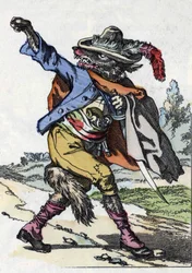 Vlk. Ilustrace příběhu „Compere le Loup, Maitre Renard, Comere la Chevre et ses petits biquets““ podle bajky Jean de la Fontaine. V „“ Pohádky z domova pro nejmenší““. Anonymní rytina 19. století.