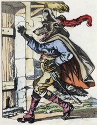 Vlk zaklepe na dveře biketovny. Ilustrace příběhu „Compere le Loup, Maitre Renard, Comere la Chevre et ses petits biquets““ podle bajky Jean de la Fontaine. V „“ Pohádky z domova pro nejmenší““. Anonymní rytina o
