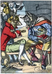 Vlk se znovu setkává s liškou. Ilustrace příběhu „Compere le Loup, Maitre Renard, Comere la Chevre et ses petits biquets““ podle bajky Jean de la Fontaine. V „“ Pohádky z domova pro nejmenší““. Anonymní rytina 19. století.