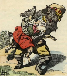 Vlk utíká s malým dítětem. Ilustrace příběhu „Bon medor a malý Chevrette““. V „“ Pohádky z domova pro nejmenší““. Anonymní rytina 19. století.