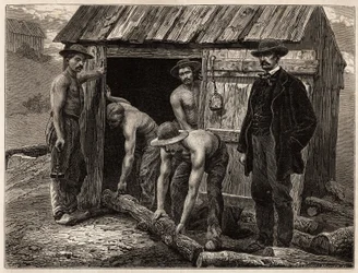 Dřevaři z dolu Montchanin je házeli do nakloněné studny; v kostýmu na manévry dohlíží hlavní inženýr dolu. Rytina pro ilustraci plavby na Creusot a doly Saone a Loire v roce 1865 od L. Simonina v „“ Le