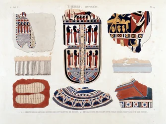 Théby, Hypogees: 1.2.3.6.7.8. obrazy z mumiových obálek 4.5. Detaily třásně a pruhovaného plátna, nalezené na mumiích - v “” Popis Egypta”” 1809, Antiquite sv 2 pl 112