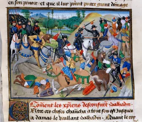 Třetí křížová výprava: „Jak křesťané potvrzují Saladin““ Saladin (1138-1193) (Salah al Din Yusuf al-Ayyubi (al Ayyubi) je poražen křížovými výpravami kolem roku 1191. Miniatura z „“ Chronicle abregee““ od Davida Auberta