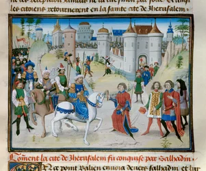 Třetí křížová výprava: dobytí Jeruzaléma sultánem Saladinem (1138-1193) (Salah al-Din Yusuf al-Ayyubi (al-Ayyubi) v roce 1187. Miniatura z „“ Chronicle abregee““ od Davida Auberta