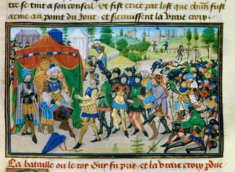 Třetí křížová výprava: Ztráta Pravého kříže během bitvy u Hattinu 4. července 1187, miniatura z „“ Chronicle abregee““ od Davida Auberta, asi 1450