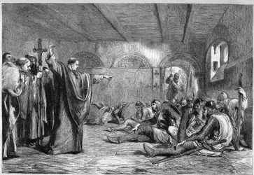 Smrt Tomáše Becketa, 29. prosince 1170: canterburský arcibiskup, svatý Tomáš z Canterbury (1117-1170), se ve svých komnatách setkává se svými vrahy, rytíři Williamem of Tracy, Richardem the Breton, Reginaldem Fitzursem a Huguesem of Morville, stoupenci
