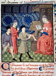 Tři pacienti s vředy na paži, oku a sexu před lékařem. Miniatura z „“ Chirurgie“ (Folio 66), kterou napsal Guy de Chauliac (1290? 1368). Rukopis 15. století. BN, Paříž
