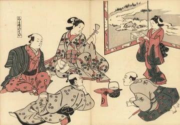 Tři samurajové poslouchají hru kurtizány na šamisen, zatímco kamuro přináší jídlo na podnose. Woodblock od Masanobu Okumury (1686-1764) z Fuzoku Emakimono, Picture Scroll of the Water Trade, Tokio, dotisk kolem roku 1880.