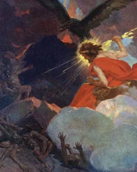 Titanomachia: zobrazení Dia triumfujícího nad titány (Titanomachia nebo Titanomachy: Rytina z knihy "Mé krásné mytologické příběhy" od HS Bres, počátek 20. století, soukromá sbírka