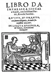 Titulní strana „“ Tato kniha a učení se hrát šachy „“ (Šachy) od Pedra Damiana (Damiao de Odemira 1480-1544) z roku 1512.