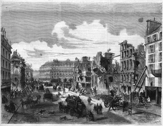 Proměny Paříže za Druhého císařství, Paris Haussmann (Boulevard, Haussmannovy práce): demolice Rue de la Paix pro otevření Rue Reaumur. Gravírování do „“The Illustrious Universe““