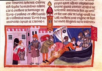 Přeprava zboží a potravin po vnitrozemských vodních cestách. Miniatura z francouzského kodexu na pergamenu „The Facts of Romans““ vyprávějící starověkou historii až po Julese Cesara (101 př. n. l. – 44 př. n. l.). Benátky 13. století, biblioteca Marciana
