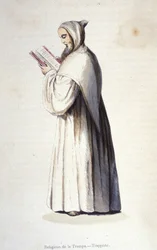 Trapistický mnich, řád Citeaux dodržující reformované pravidlo Trappe zavedené v roce 1664 Rancé. Rytina 19. století.