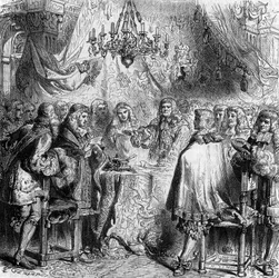 Ošetřete kapli Aix. Podepsán 2. května 1668 mezi Francií a Španělskem, ukončil válku o převodu a předal Flandry Francii. Rytina z roku 1866.